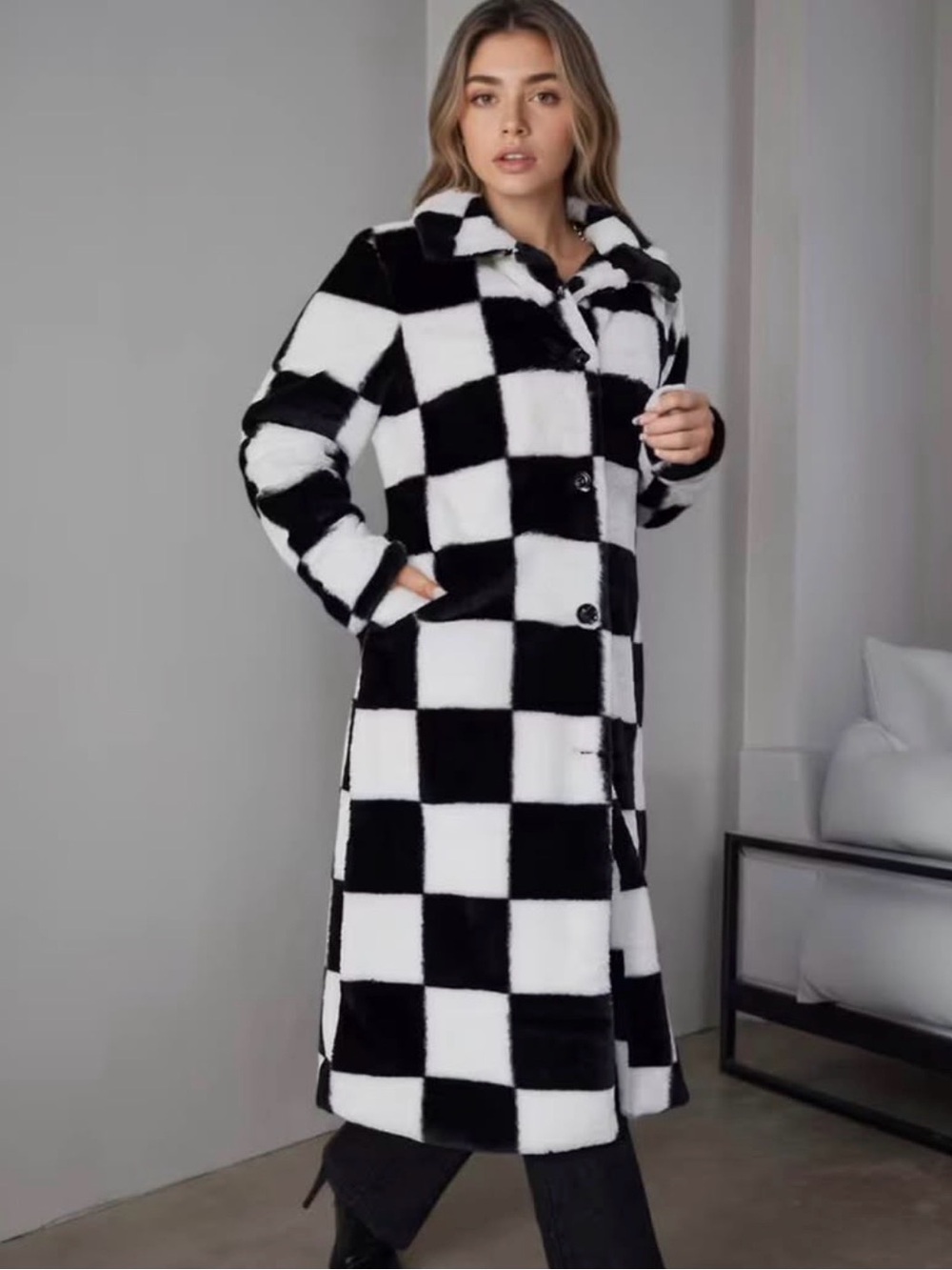Black & White Check Long Faux Fur Coat - Women - Picture 2 of 5